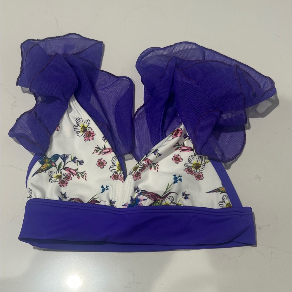 Spring Floral Girls Dance Top with Purple Ruffles
